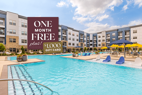 a swimming pool with a sign that reads one month free  1000 gift card